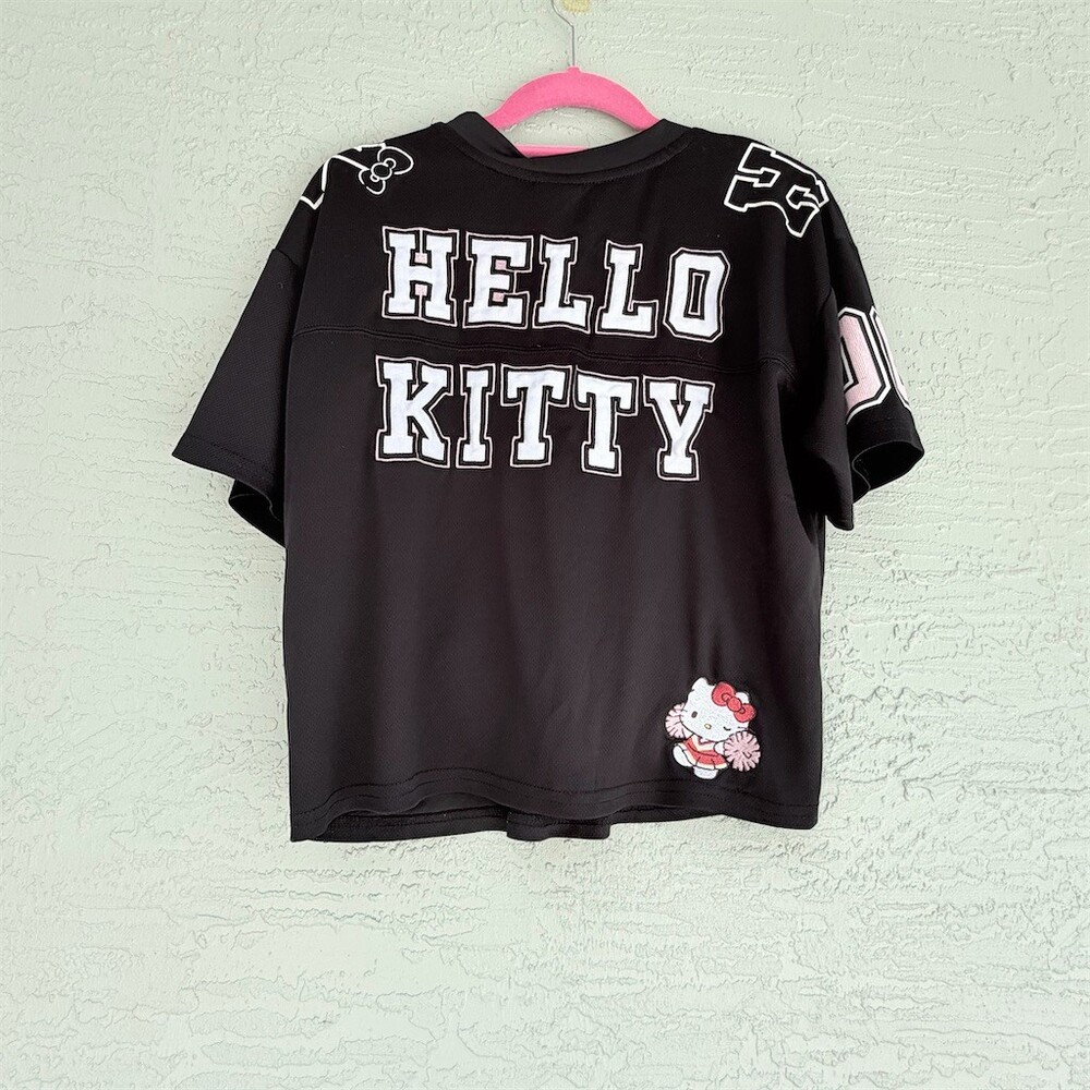 Sanrio Hello Kitty Cropped Football Jersey Top Womens Size L Black Pink